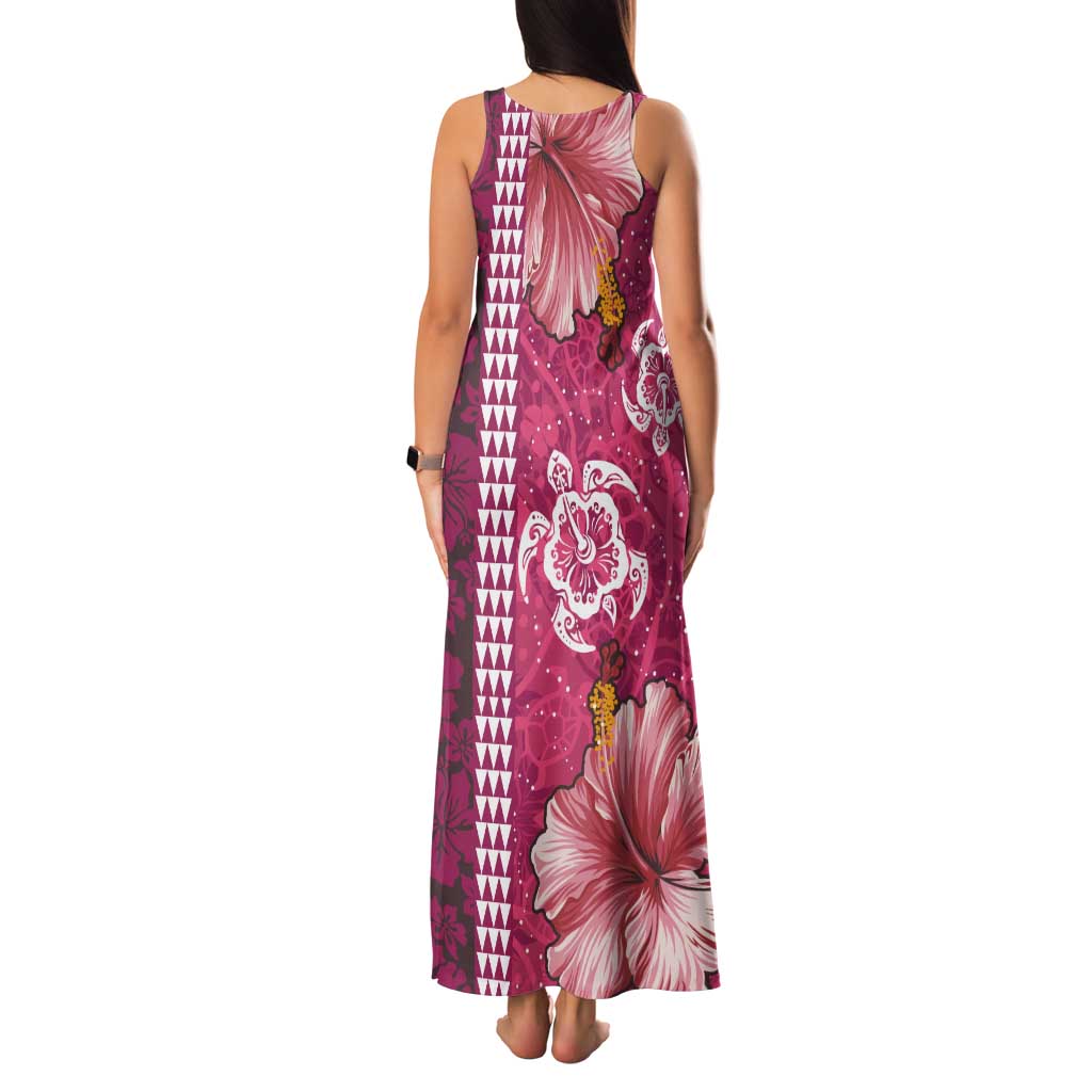 Pink Hibiscus Turle Tank Maxi Dress Hawaiian Style Tribal Tapa Pattern