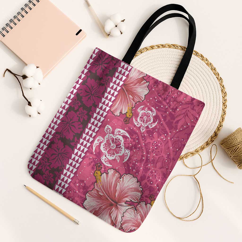 Pink Hibiscus Turle Tote Bag Hawaiian Style Tribal Tapa Pattern - Polynesian Pride