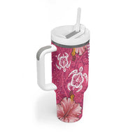 Pink Hibiscus Turle Tumbler With Handle Hawaiian Style Tribal Tapa Pattern