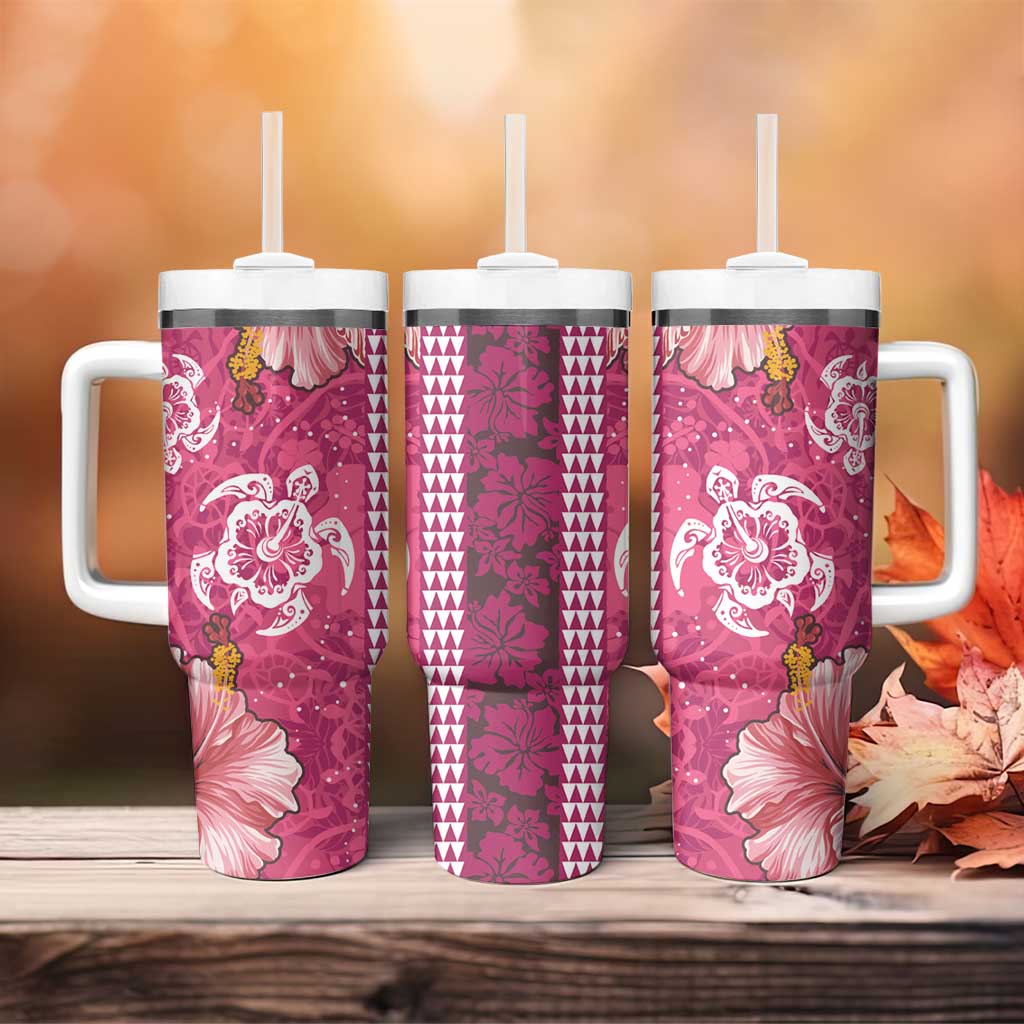 Pink Hibiscus Turle Tumbler With Handle Hawaiian Style Tribal Tapa Pattern