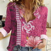 Pink Hibiscus Turle Women Casual Shirt Hawaiian Style Tribal Tapa Pattern