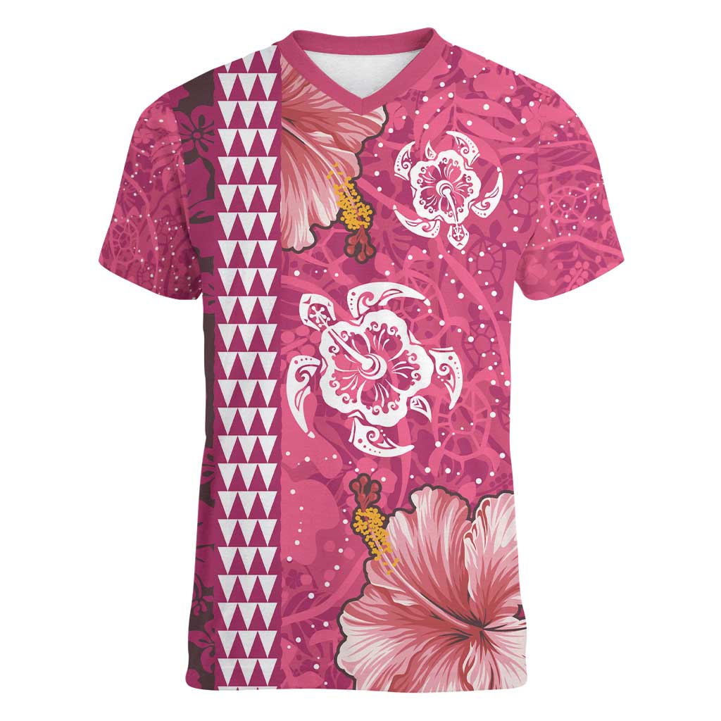 Pink Hibiscus Turle Women V-Neck T-Shirt Hawaiian Style Tribal Tapa Pattern LT9 Female Pink - Polynesian Pride