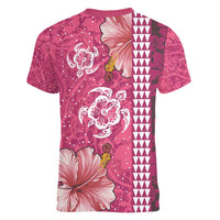 Pink Hibiscus Turle Women V-Neck T-Shirt Hawaiian Style Tribal Tapa Pattern LT9 - Polynesian Pride