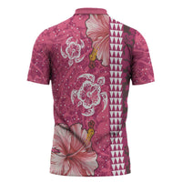 Pink Hibiscus Turle Zipper Polo Shirt Hawaiian Style Tribal Tapa Pattern - Polynesian Pride