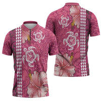 Pink Hibiscus Turle Zipper Polo Shirt Hawaiian Style Tribal Tapa Pattern - Polynesian Pride