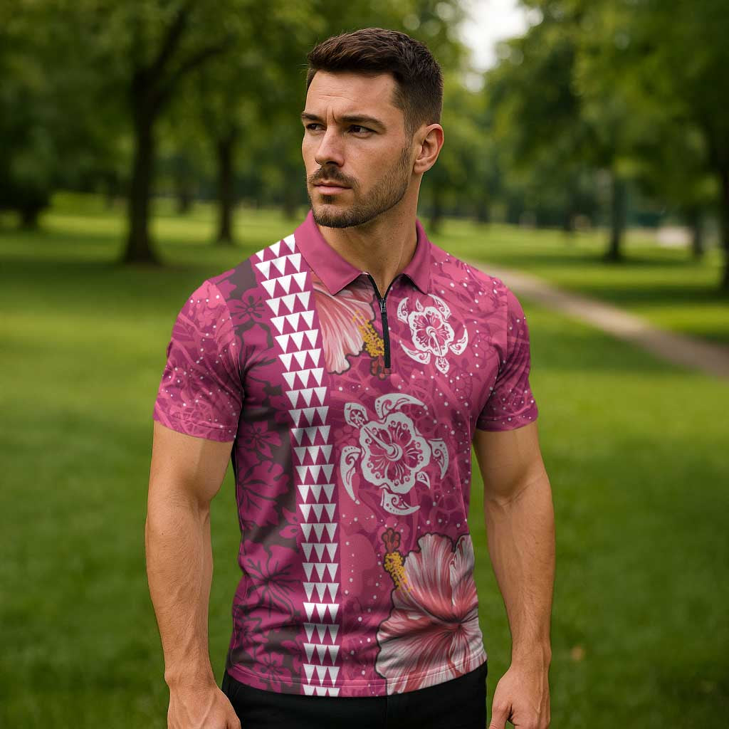 Pink Hibiscus Turle Zipper Polo Shirt Hawaiian Style Tribal Tapa Pattern - Polynesian Pride