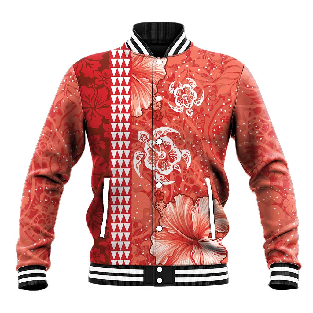 Red Hibiscus Turle Baseball Jacket Hawaiian Style Tribal Tapa Pattern LT9 Unisex Red - Polynesian Pride