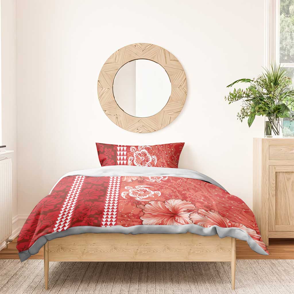 Red Hibiscus Turle Bedding Set Hawaiian Style Tribal Tapa Pattern