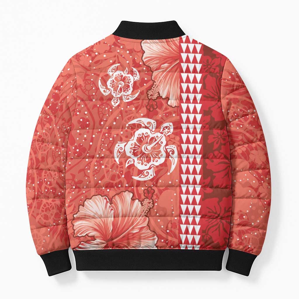 Red Hibiscus Turle Bomber Puffer Jacket Hawaiian Style Tribal Tapa Pattern LT9 - Polynesian Pride