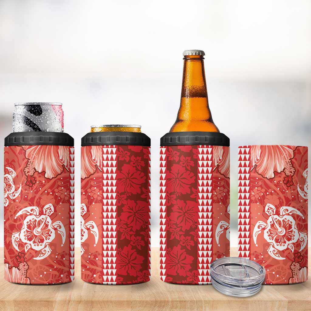 Red Hibiscus Turle 4 in 1 Can Cooler Tumbler Hawaiian Style Tribal Tapa Pattern