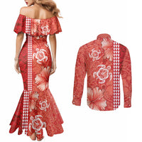 Red Hibiscus Turle Couples Matching Mermaid Dress and Long Sleeve Button Shirt Hawaiian Style Tribal Tapa Pattern LT9 - Polynesian Pride