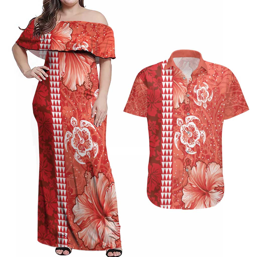 Red Hibiscus Turle Couples Matching Off Shoulder Maxi Dress and Hawaiian Shirt Hawaiian Style Tribal Tapa Pattern LT9 Red - Polynesian Pride