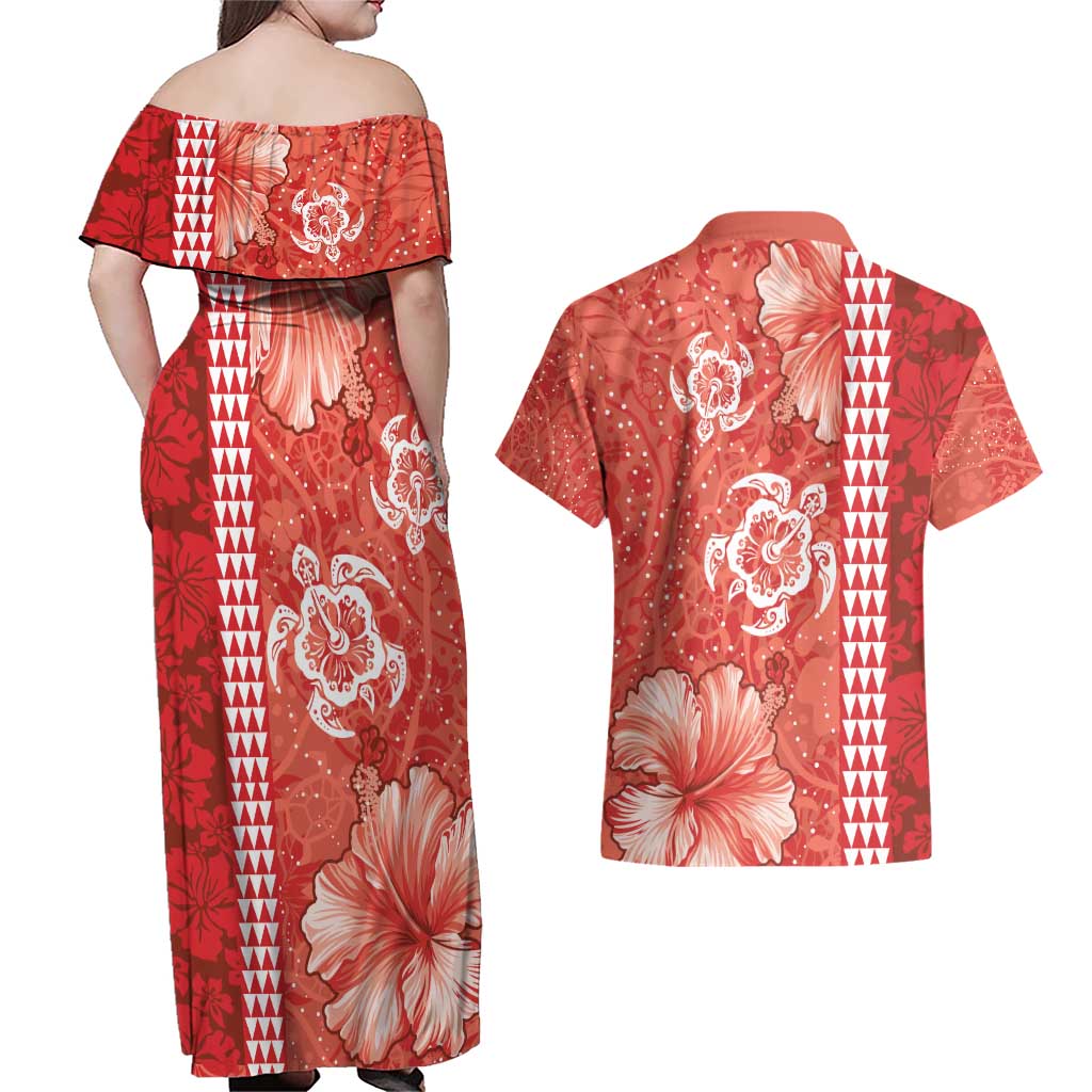Red Hibiscus Turle Couples Matching Off Shoulder Maxi Dress and Hawaiian Shirt Hawaiian Style Tribal Tapa Pattern LT9 - Polynesian Pride