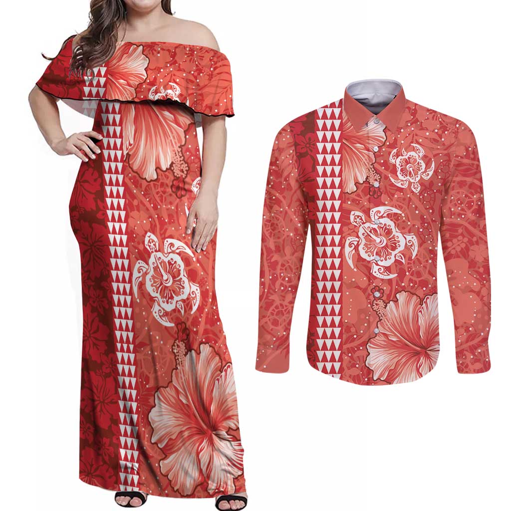 Red Hibiscus Turle Couples Matching Off Shoulder Maxi Dress and Long Sleeve Button Shirt Hawaiian Style Tribal Tapa Pattern LT9 Red - Polynesian Pride