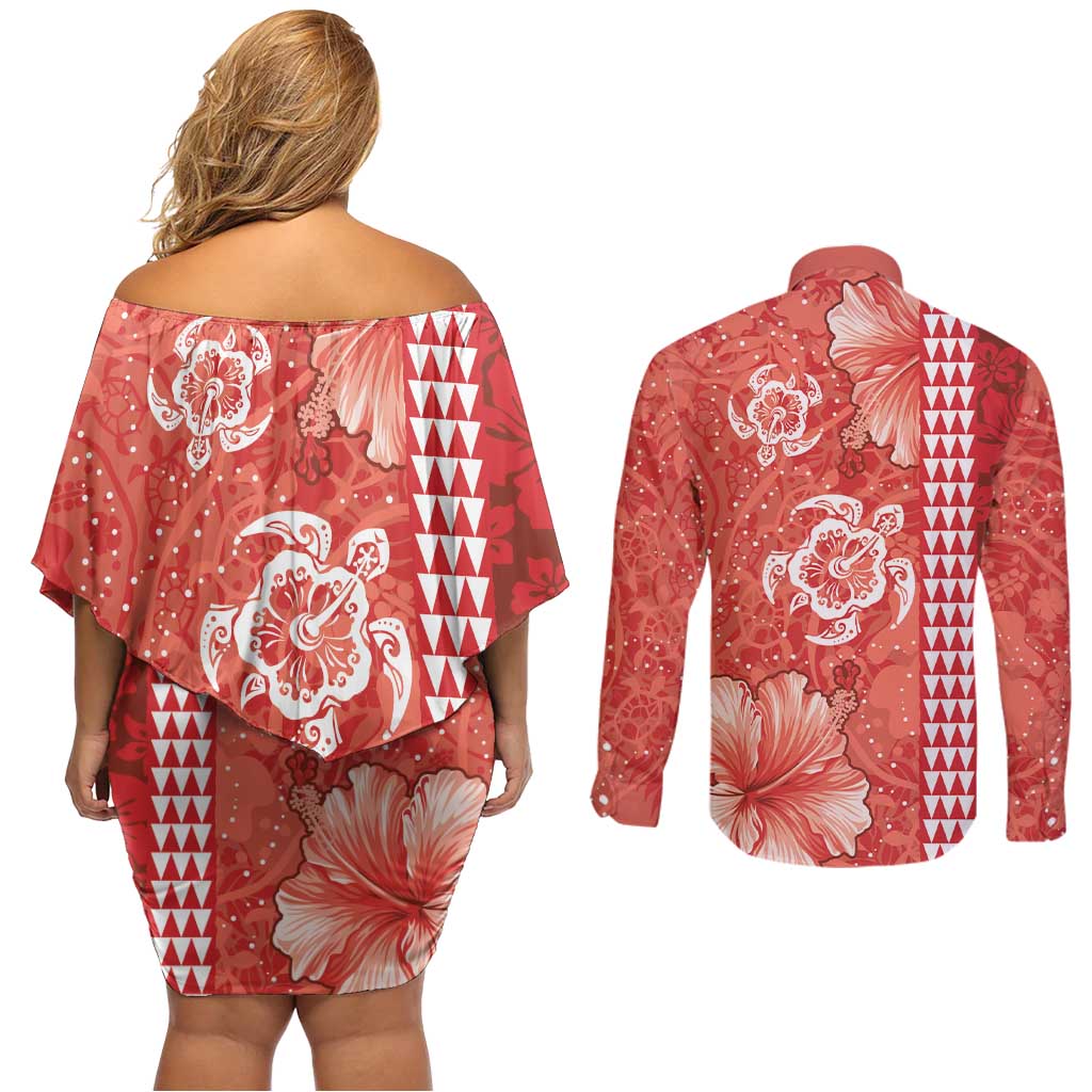 Red Hibiscus Turle Couples Matching Off Shoulder Short Dress and Long Sleeve Button Shirt Hawaiian Style Tribal Tapa Pattern LT9 - Polynesian Pride