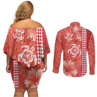 Red Hibiscus Turle Couples Matching Off Shoulder Short Dress and Long Sleeve Button Shirt Hawaiian Style Tribal Tapa Pattern LT9 - Polynesian Pride