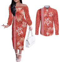 Red Hibiscus Turle Couples Matching Off The Shoulder Long Sleeve Dress and Long Sleeve Button Shirt Hawaiian Style Tribal Tapa Pattern LT9 Red - Polynesian Pride