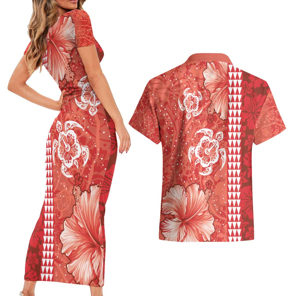Red Hibiscus Turle Couples Matching Short Sleeve Bodycon Dress and Hawaiian Shirt Hawaiian Style Tribal Tapa Pattern LT9 - Polynesian Pride