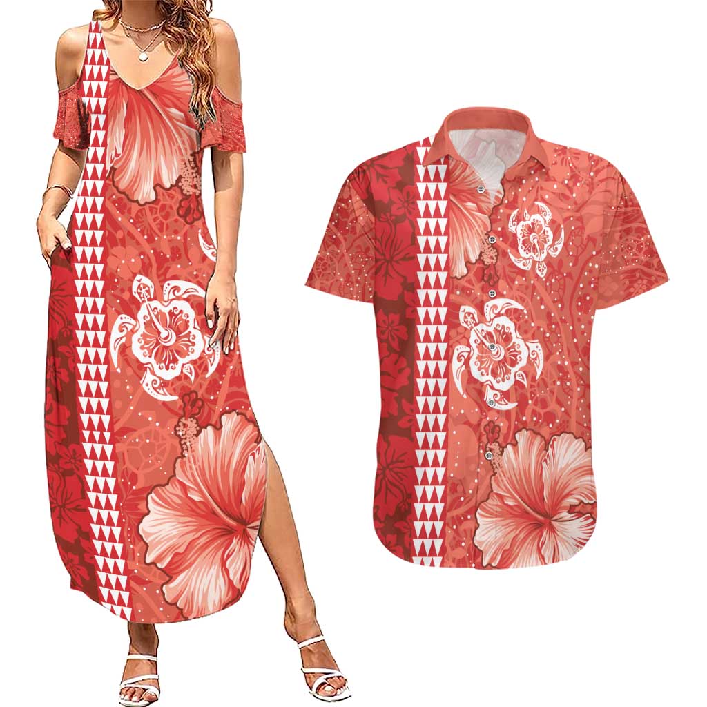 Red Hibiscus Turle Couples Matching Summer Maxi Dress and Hawaiian Shirt Hawaiian Style Tribal Tapa Pattern LT9 Red - Polynesian Pride