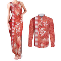 Red Hibiscus Turle Couples Matching Tank Maxi Dress and Long Sleeve Button Shirt Hawaiian Style Tribal Tapa Pattern LT9 Red - Polynesian Pride