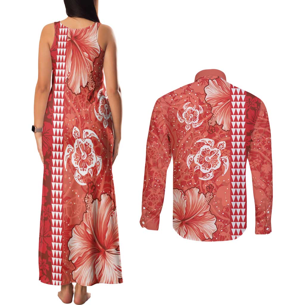 Red Hibiscus Turle Couples Matching Tank Maxi Dress and Long Sleeve Button Shirt Hawaiian Style Tribal Tapa Pattern LT9 - Polynesian Pride