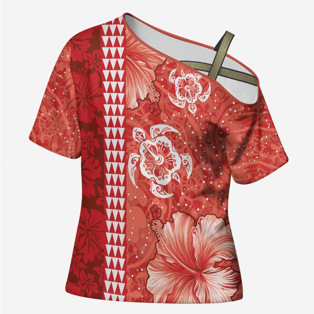 Red Hibiscus Turle Cross Shoulder Shirt Hawaiian Style Tribal Tapa Pattern LT9 Female Red - Polynesian Pride