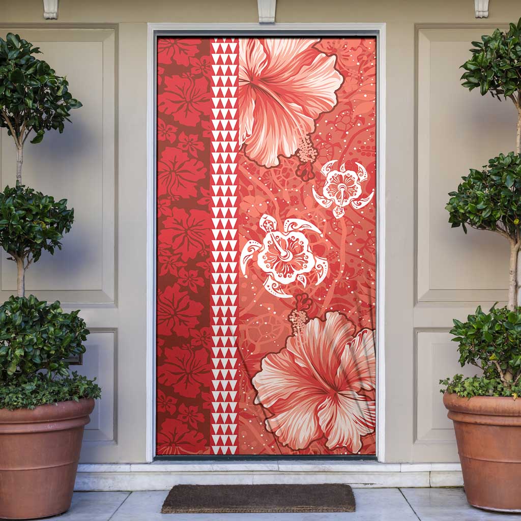 Red Hibiscus Turle Door Cover Hawaiian Style Tribal Tapa Pattern - Polynesian Pride