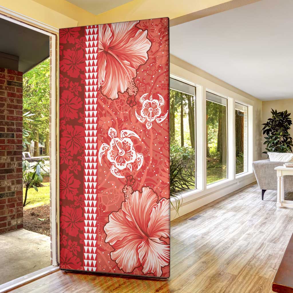 Red Hibiscus Turle Door Cover Hawaiian Style Tribal Tapa Pattern - Polynesian Pride