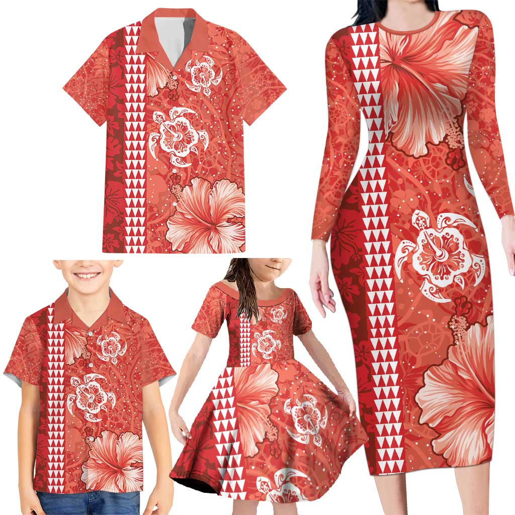 Red Hibiscus Turle Family Matching Long Sleeve Bodycon Dress and Hawaiian Shirt Hawaiian Style Tribal Tapa Pattern LT9 - Polynesian Pride