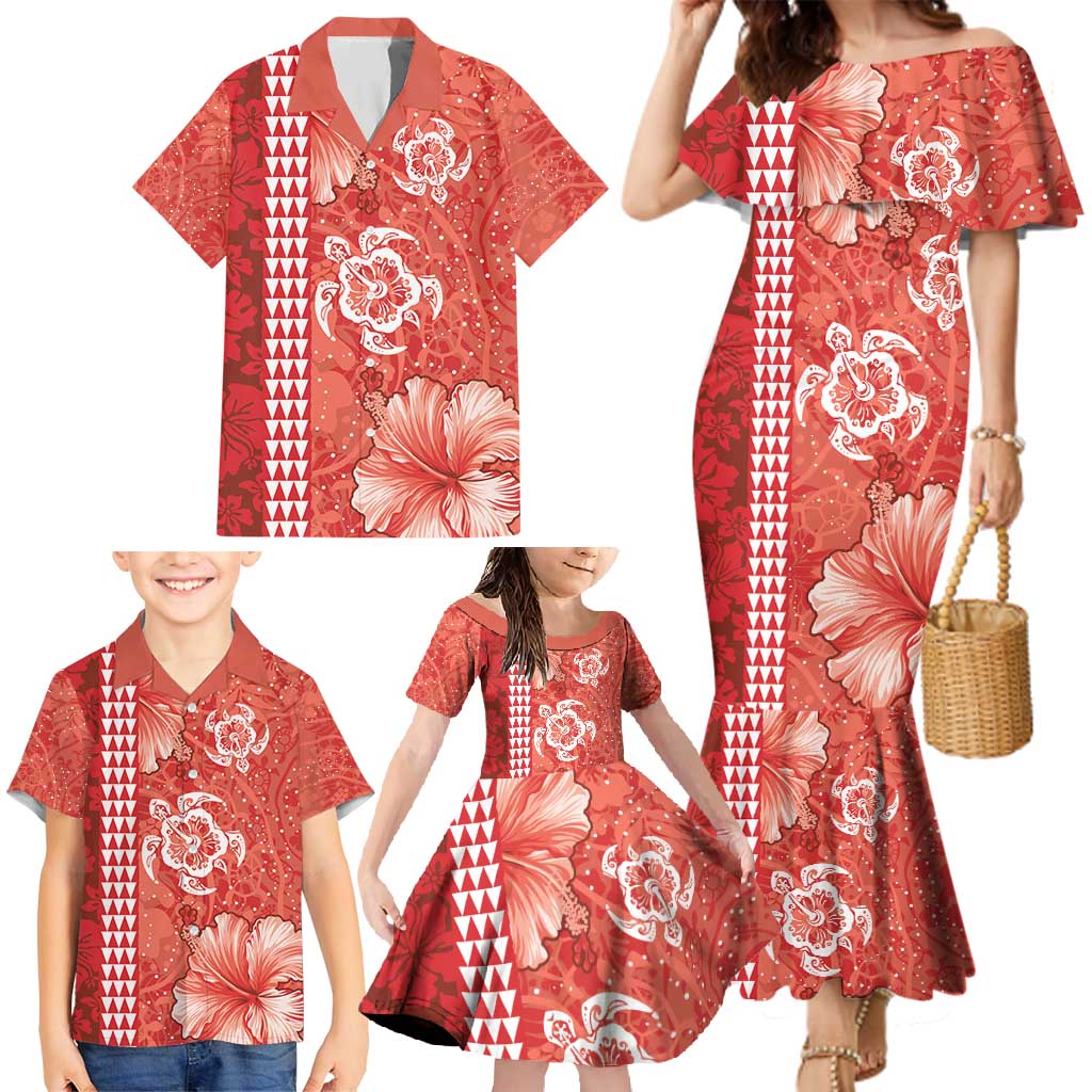 Red Hibiscus Turle Family Matching Mermaid Dress and Hawaiian Shirt Hawaiian Style Tribal Tapa Pattern LT9 - Polynesian Pride
