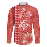 Red Hibiscus Turle Family Matching Off The Shoulder Long Sleeve Dress and Hawaiian Shirt Hawaiian Style Tribal Tapa Pattern