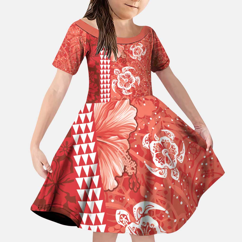 Red Hibiscus Turle Family Matching Puletasi and Hawaiian Shirt Hawaiian Style Tribal Tapa Pattern LT9 Daughter's Dress Red - Polynesian Pride