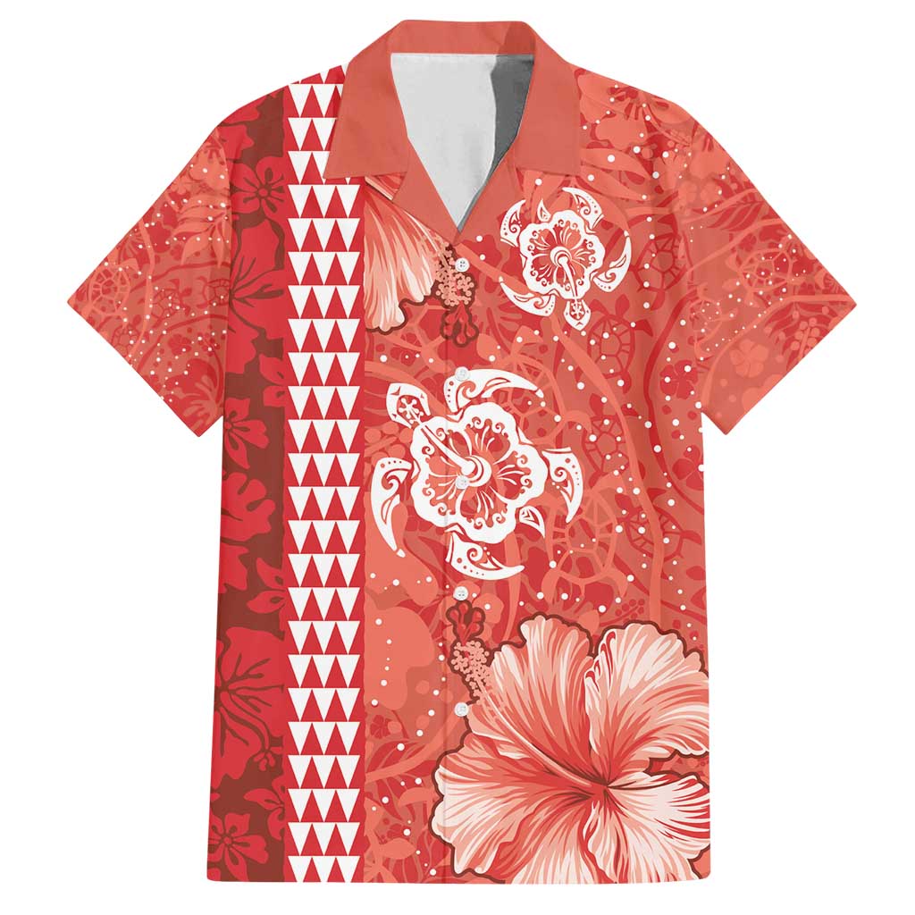 Red Hibiscus Turle Family Matching Puletasi and Hawaiian Shirt Hawaiian Style Tribal Tapa Pattern LT9 Dad's Shirt - Short Sleeve Red - Polynesian Pride