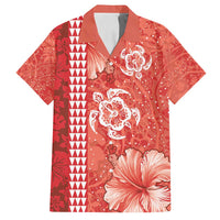 Red Hibiscus Turle Family Matching Puletasi and Hawaiian Shirt Hawaiian Style Tribal Tapa Pattern LT9 Dad's Shirt - Short Sleeve Red - Polynesian Pride