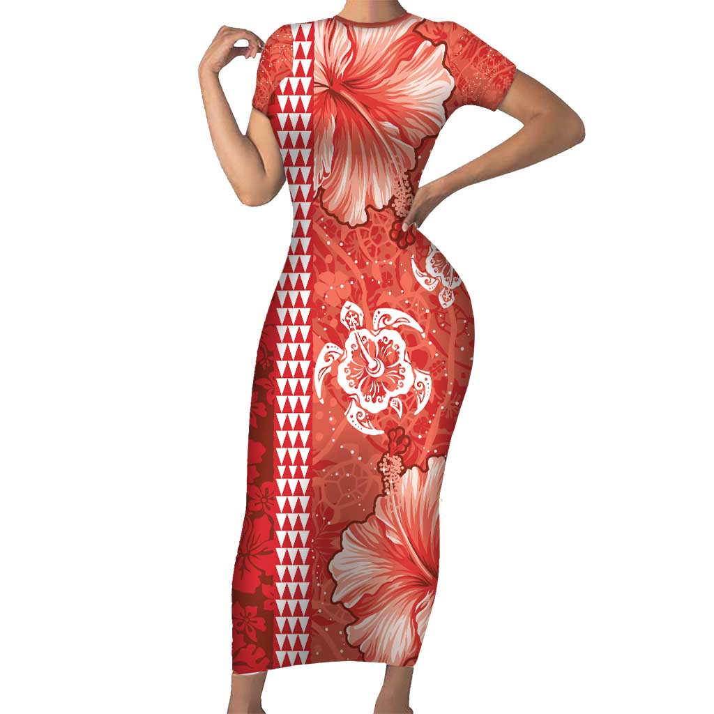 Red Hibiscus Turle Family Matching Short Sleeve Bodycon Dress and Hawaiian Shirt Hawaiian Style Tribal Tapa Pattern