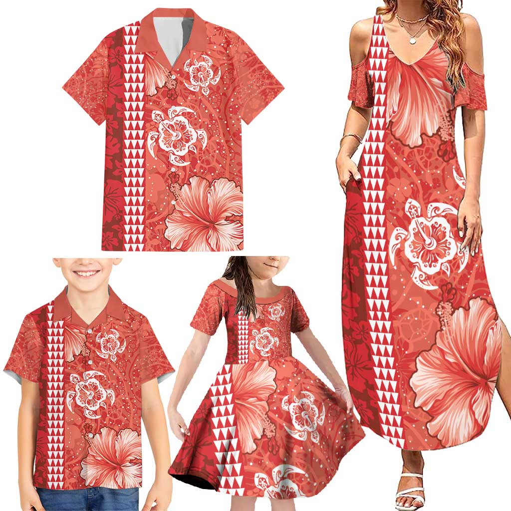 Red Hibiscus Turle Family Matching Summer Maxi Dress and Hawaiian Shirt Hawaiian Style Tribal Tapa Pattern LT9 - Polynesian Pride