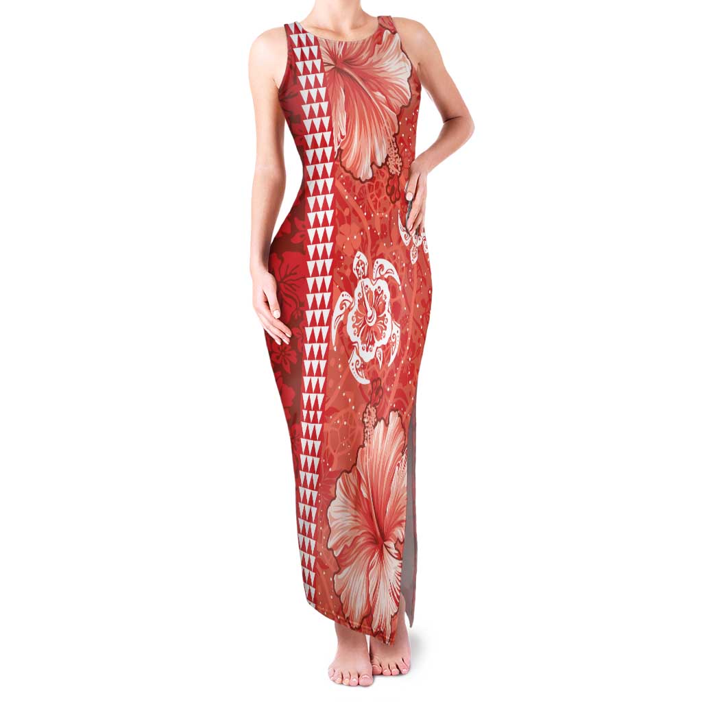 Red Hibiscus Turle Family Matching Tank Maxi Dress and Hawaiian Shirt Hawaiian Style Tribal Tapa Pattern