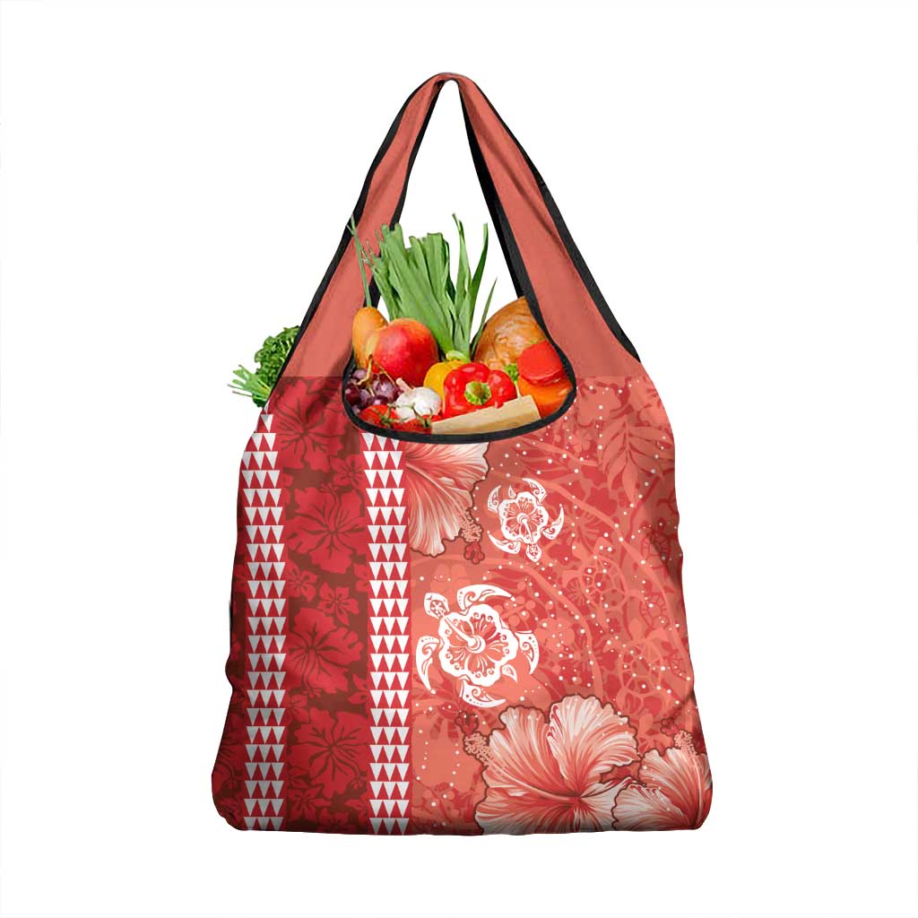 Red Hibiscus Turle Grocery Bag Hawaiian Style Tribal Tapa Pattern LT9 1-pack One Size Red - Polynesian Pride