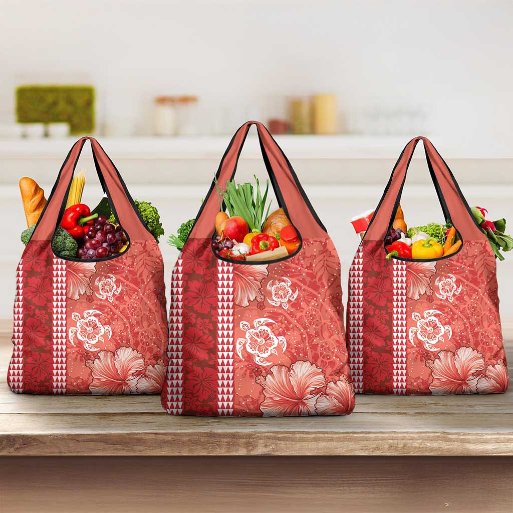 Red Hibiscus Turle Grocery Bag Hawaiian Style Tribal Tapa Pattern LT9 3-pack One Size Red - Polynesian Pride