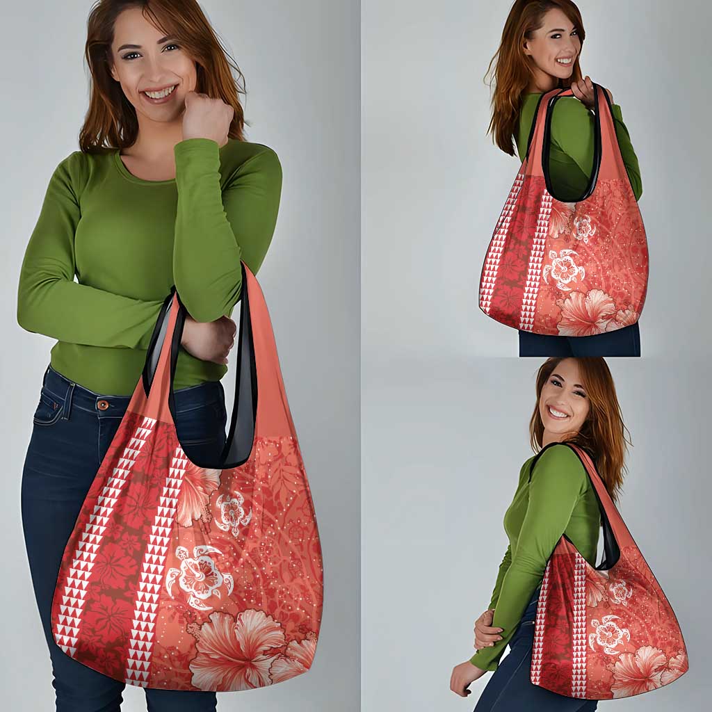 Red Hibiscus Turle Grocery Bag Hawaiian Style Tribal Tapa Pattern LT9 - Polynesian Pride
