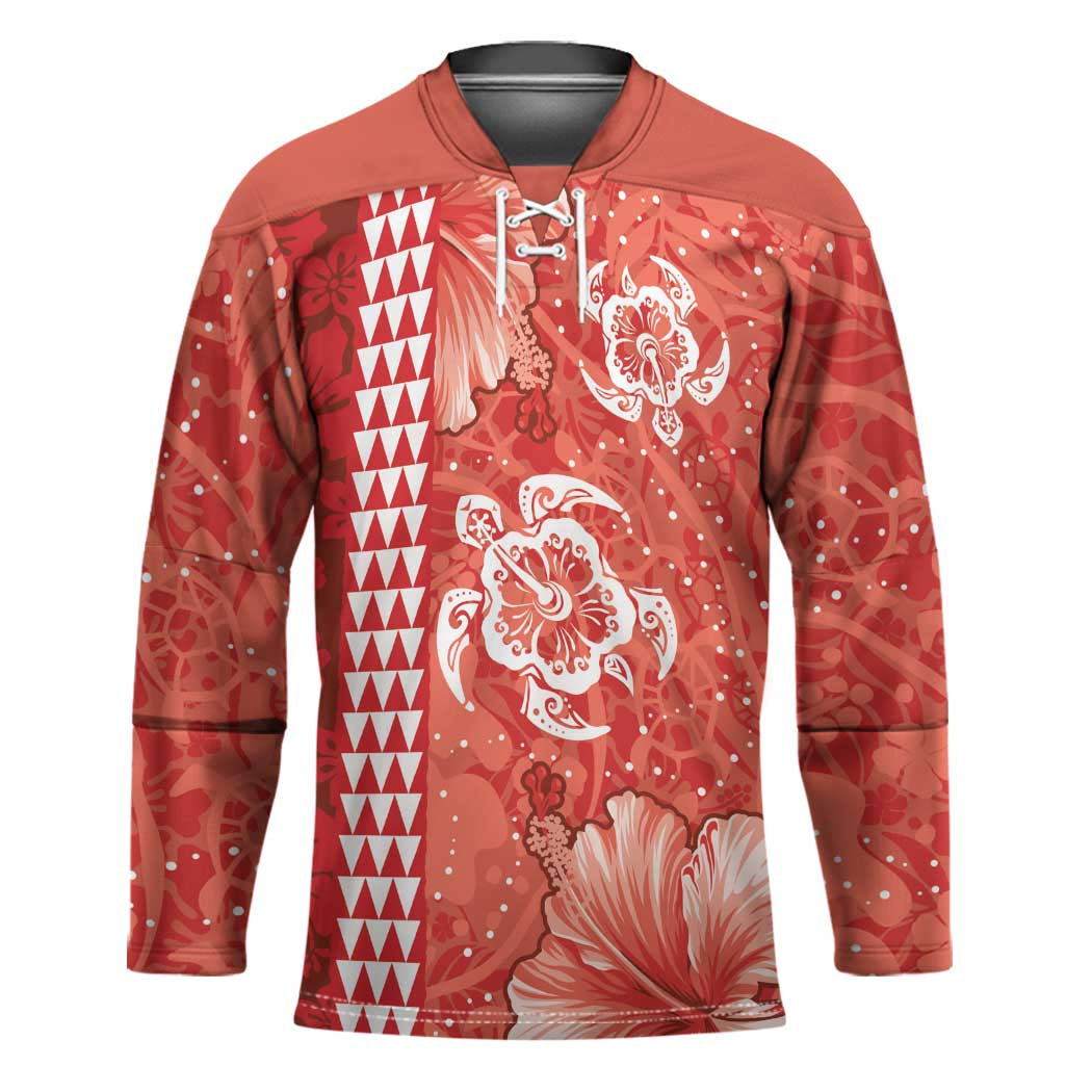 Red Hibiscus Turle Hockey Jersey Hawaiian Style Tribal Tapa Pattern LT9 Unisex Red - Polynesian Pride