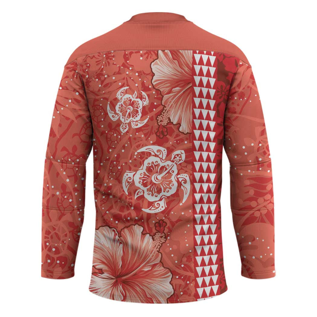 Red Hibiscus Turle Hockey Jersey Hawaiian Style Tribal Tapa Pattern - Polynesian Pride