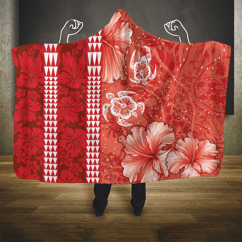 Red Hibiscus Turle Hooded Blanket Hawaiian Style Tribal Tapa Pattern