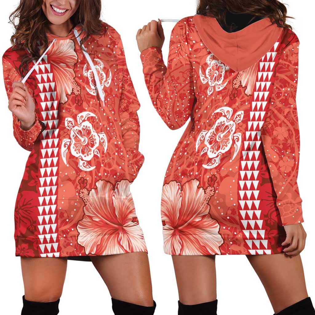 Red Hibiscus Turle Hoodie Dress Hawaiian Style Tribal Tapa Pattern