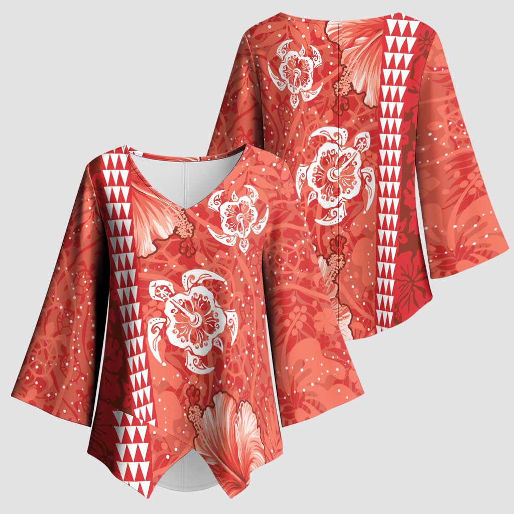 Red Hibiscus Turle Kimono Sleeve Blouse Hawaiian Style Tribal Tapa Pattern - Polynesian Pride