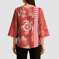 Red Hibiscus Turle Kimono Sleeve Blouse Hawaiian Style Tribal Tapa Pattern - Polynesian Pride