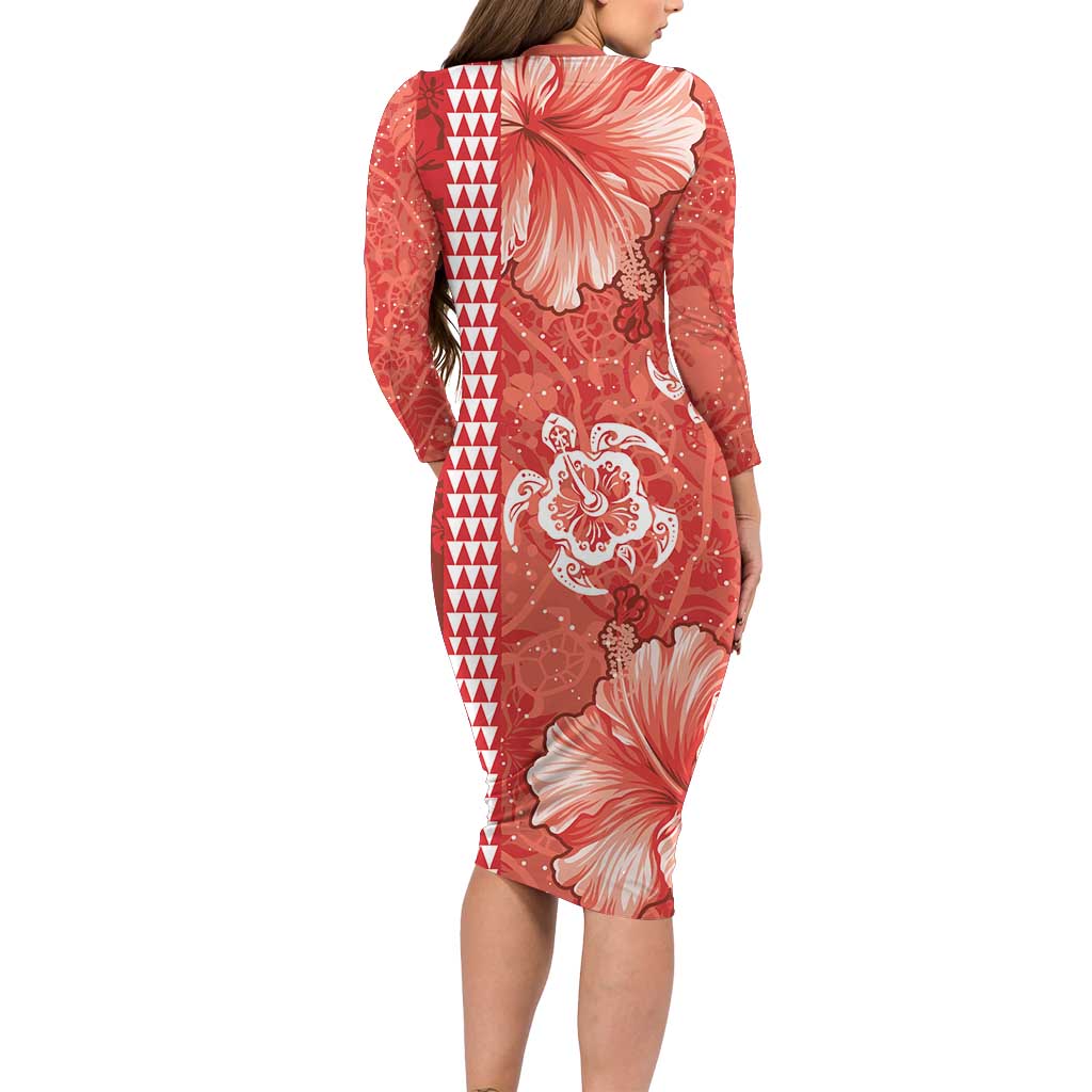 Red Hibiscus Turle Long Sleeve Bodycon Dress Hawaiian Style Tribal Tapa Pattern
