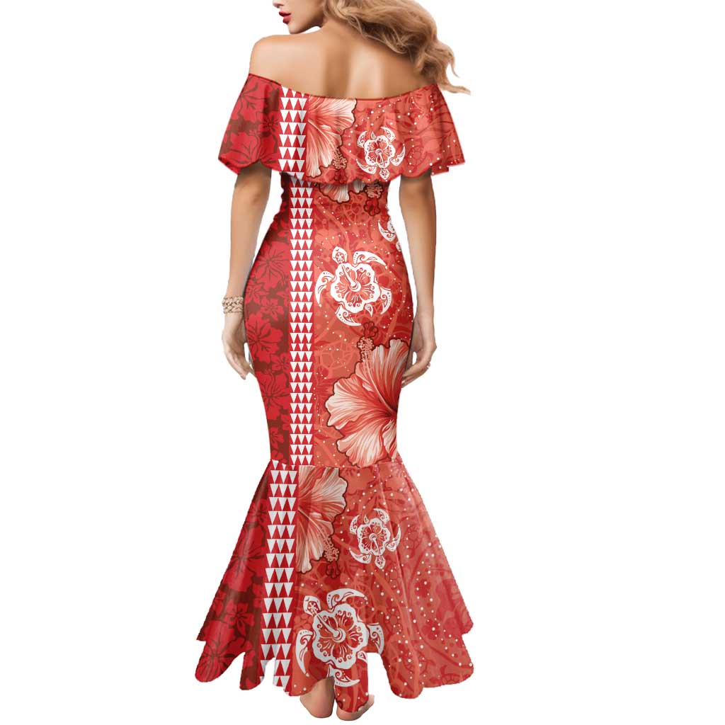 Red Hibiscus Turle Mermaid Dress Hawaiian Style Tribal Tapa Pattern