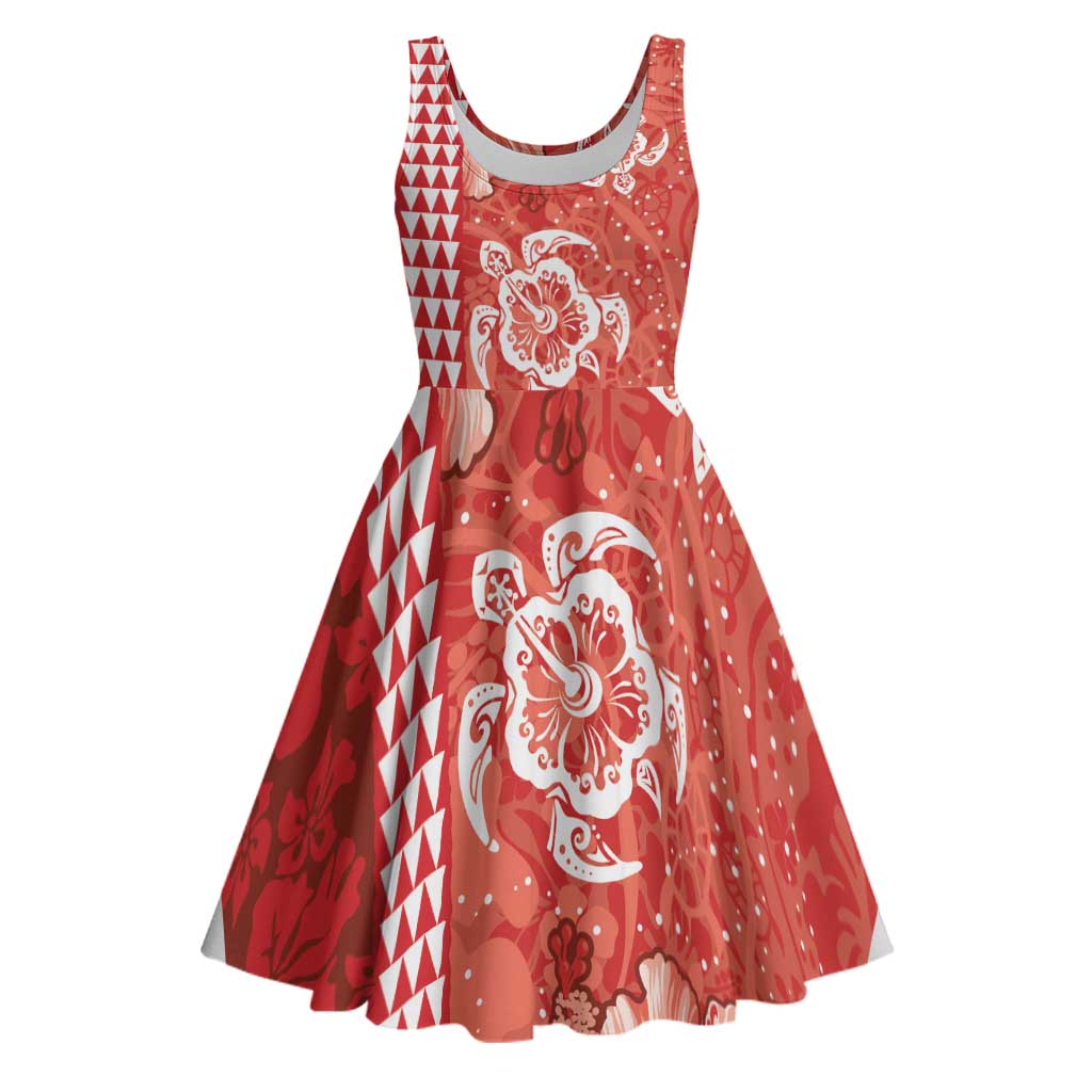 Red Hibiscus Turle Midi Dress Hawaiian Style Tribal Tapa Pattern - Polynesian Pride