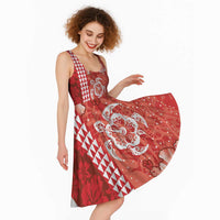 Red Hibiscus Turle Midi Dress Hawaiian Style Tribal Tapa Pattern - Polynesian Pride